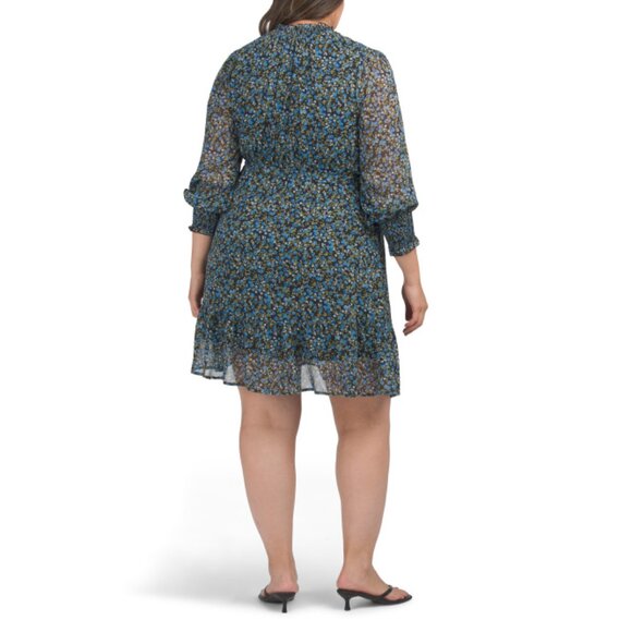 ESTELLE Blue/green Plus Iris Shirred Midi Dress - Picture 2 of 2